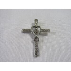 Silver Tone‎ Clear Rhinestone Heart Cross Pendant 1 3/4" Christian Faith Charm